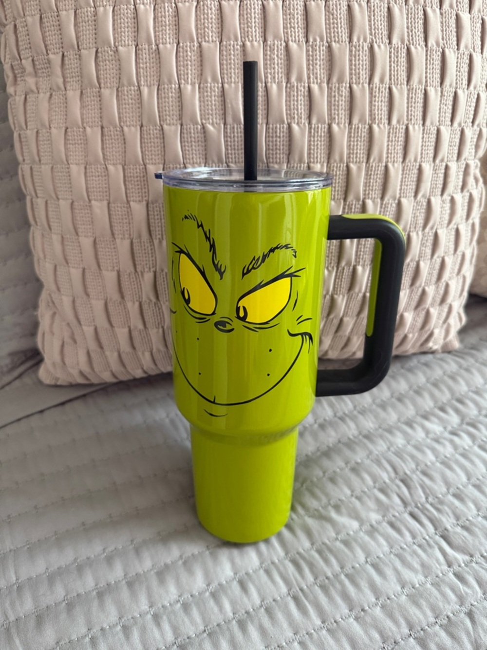 Grinch Face Lime Green Travel Mug with Handle